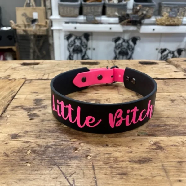 Ein einlagiges Biothane Halsband für Hunde. Das Halsband ist schwarz. Auf dem Halsband steht der Name des Hundes. Die Schrift ist neon pink.