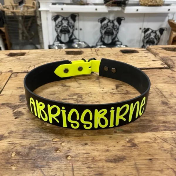 Ein einlagiges Biothane Halsband für Hunde. Das Halsband ist schwarz. Auf dem Halsband steht der Name des Hundes. Die Schrift ist neon gelb.