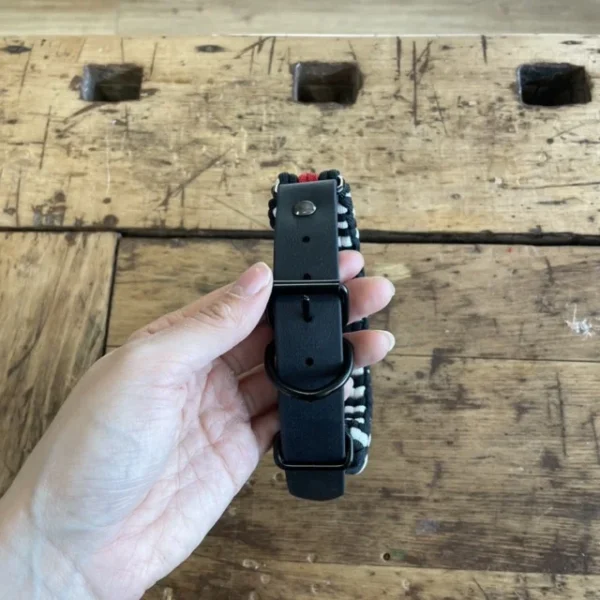 Halsband für Hunde aus dem Material Paracord. Das Halsband hat ein Biothane Adapter. Das Halsband besteht aus den Farben, schwarz rot und weiß.